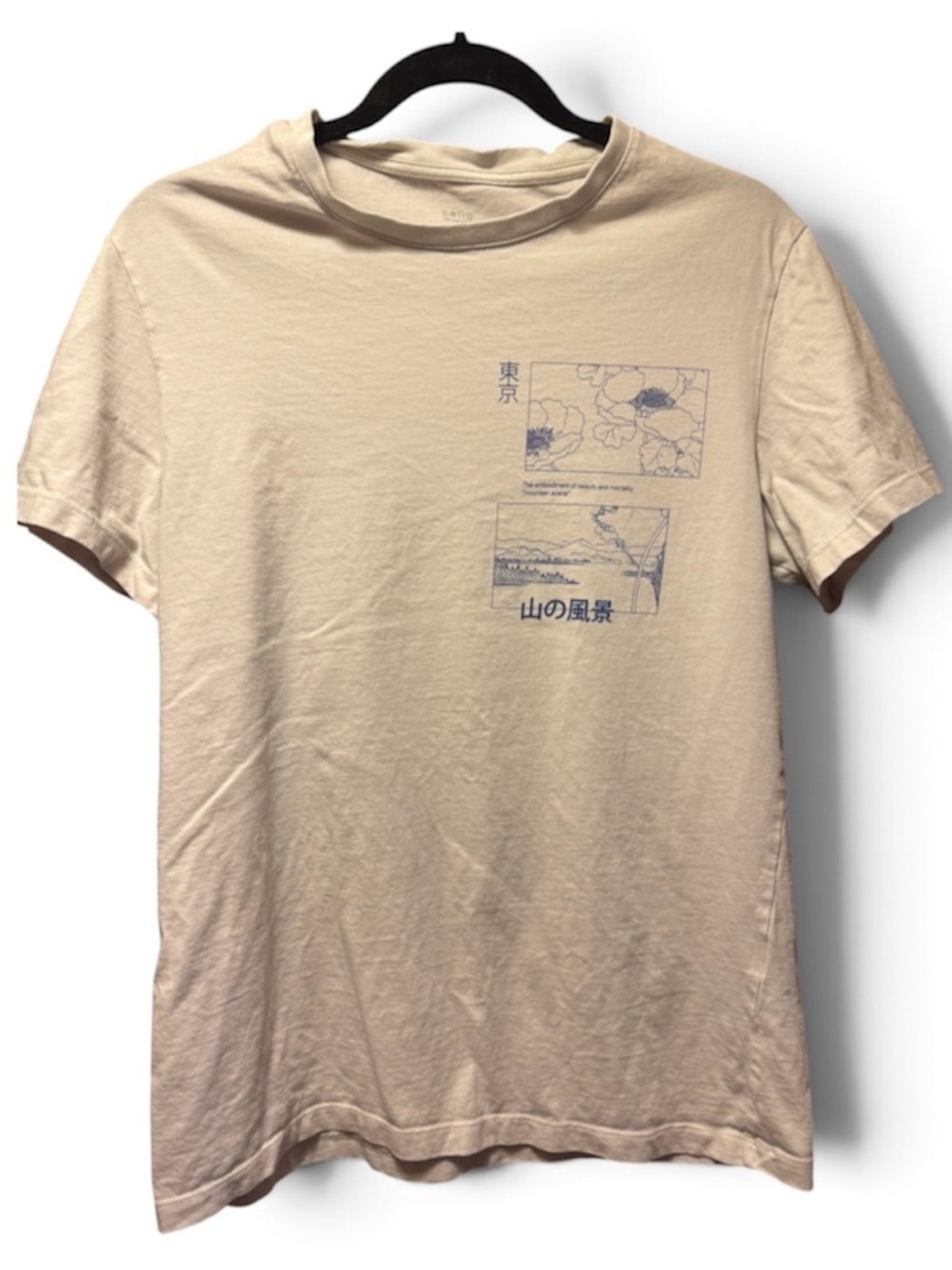 Beige Graphic Crewneck T-Shirt with Japanese Print